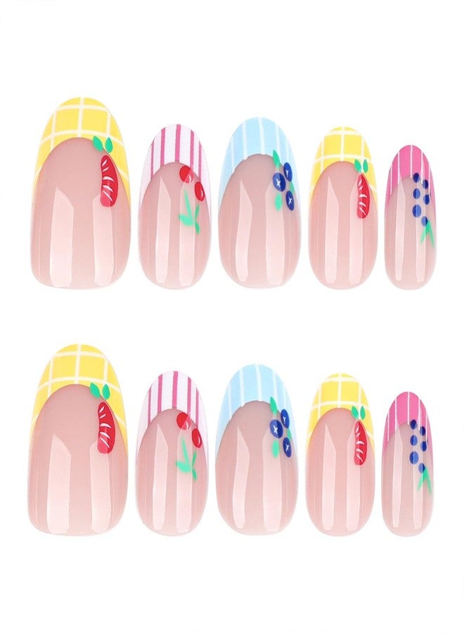 HJKDSFD Summer Press on Nails Short Almond Fake Nails Cute Cartoon Fruit Stick on Nails French Tip Glue on Nails Glossy False Nails Full Cover Acrylic Nails Press on Reusable Nails for Women Girls 24PCS - Image 5